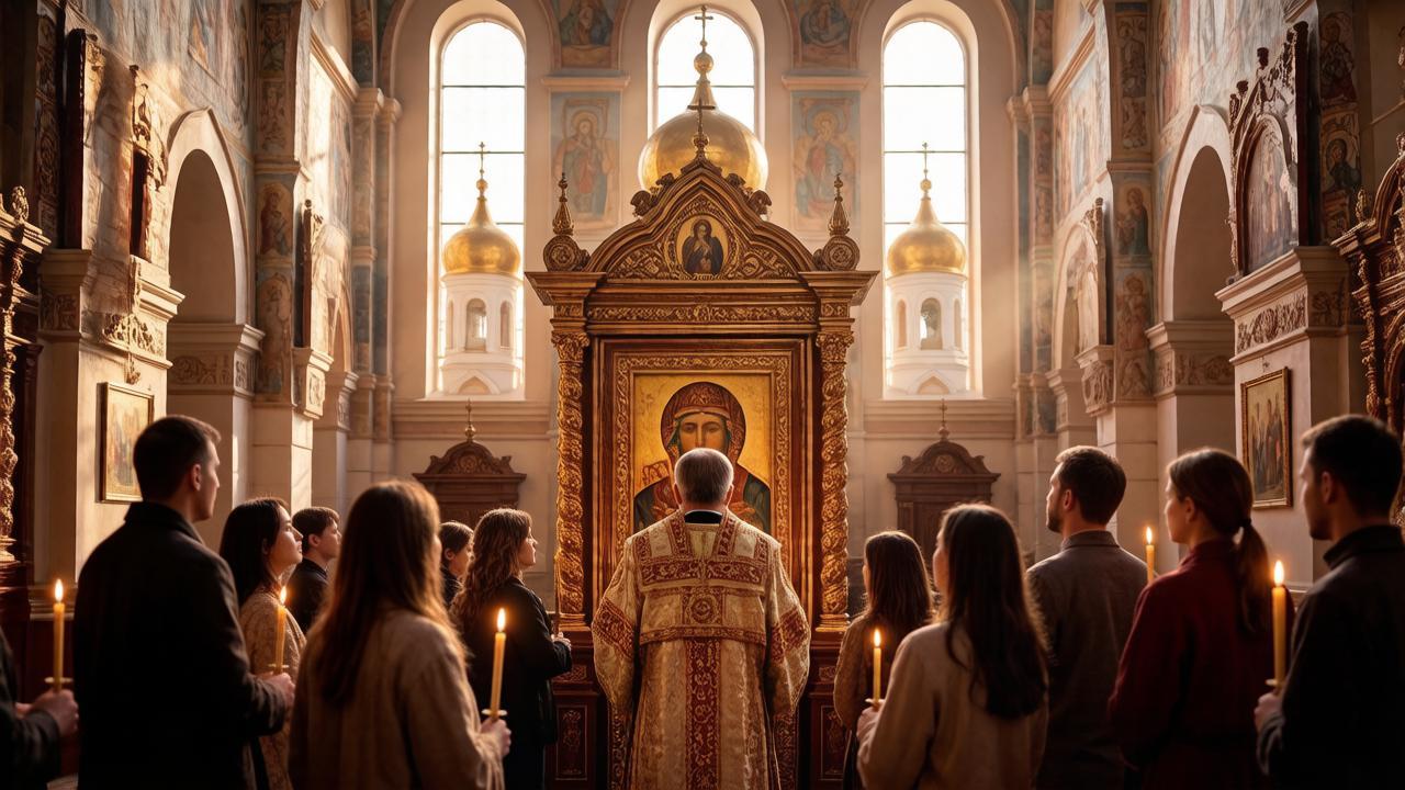 Священник ведет службу в честь Иверской иконы в православном храме.